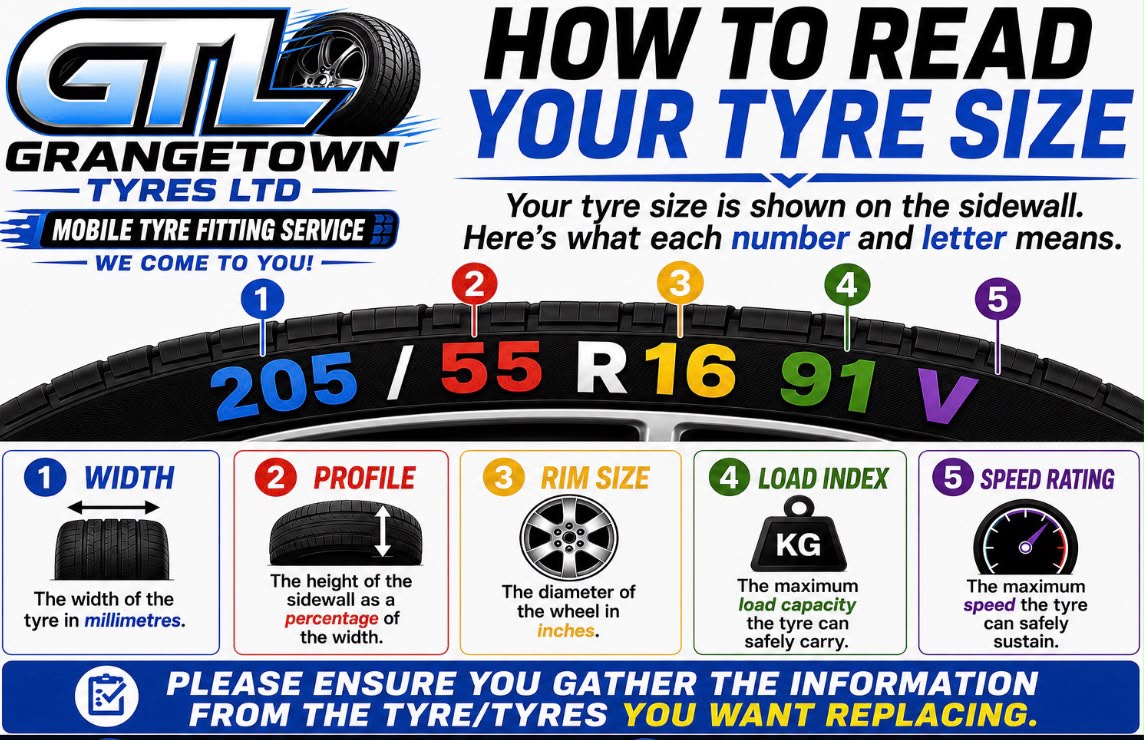 How to read your tyre size: 205 is the width in millimetres, 55 is the profile, R16 is the rim size in inches, 91 is the load index and V is the speed rating.